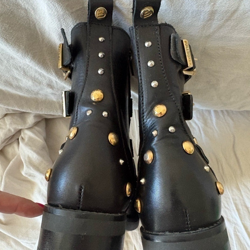 Bull Boxer Black Leather Studded Buckle Moto Combat Boots 7